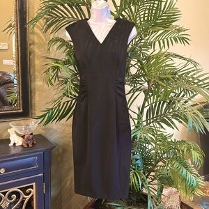 Calvin Klein Little Black Sheath Dress, V-neck, with Ruched Front, Size 6